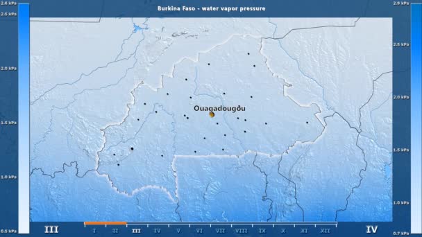 在布基纳法索地区的水汽压力按月显示动画图例 英文标签 国家和资本名称 地图描述 球极投影 — 图库视频影像