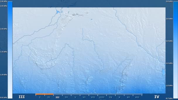 在布基纳法索地区的水汽压力按月显示动画图例 原始颜色着色器 球极投影 — 图库视频影像