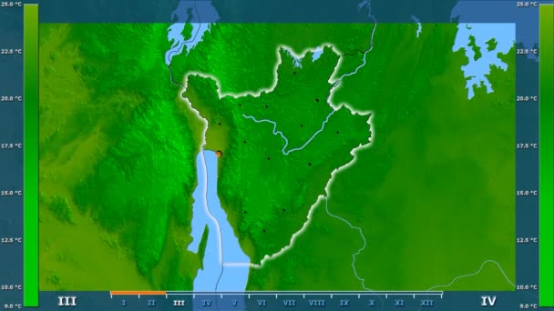 平均温度按月在布隆迪地区以动画传奇发光的形状 行政边界 主要城市 球极投影 — 图库视频影像