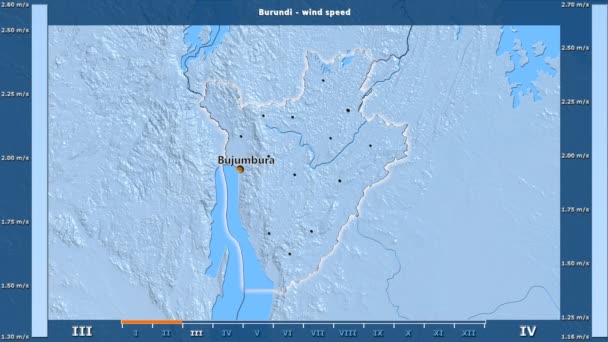 风速按月在布隆迪地区与动画传奇 英文标签 国家和资本名称 地图描述 球极投影 — 图库视频影像