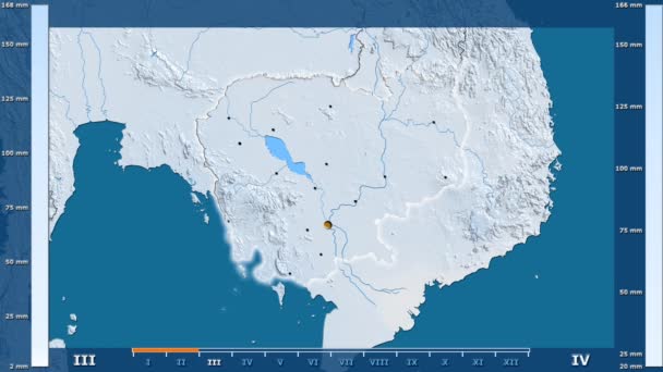 Precipitation Month Cambodia Area Animated Legend Glowing Shape Administrative Borders — Stock Video