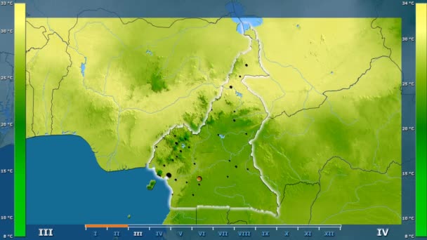 Średnia Temperatura Przez Miesiąc Obszarze Kamerunu Legendą Animowane Świecące Kształt — Wideo stockowe