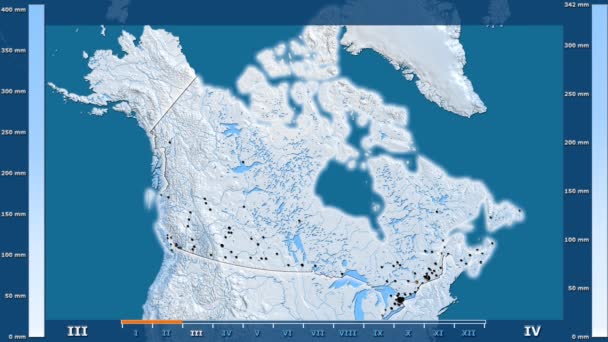 降雨雪按月在加拿大区域以动画传奇发光的形状 行政边界 主要城市 球极投影 — 图库视频影像