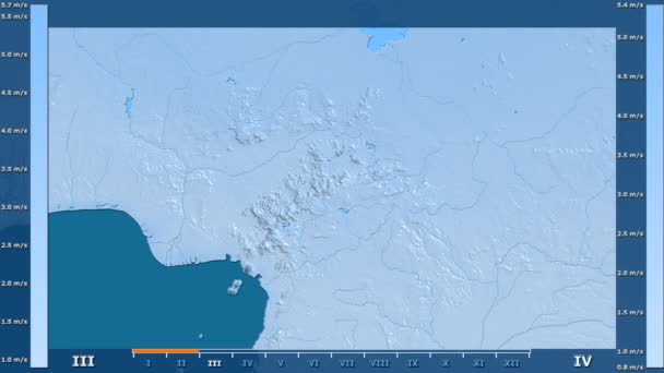 风速按月在喀麦隆地区与动画图例 原始颜色着色 球极投影 — 图库视频影像