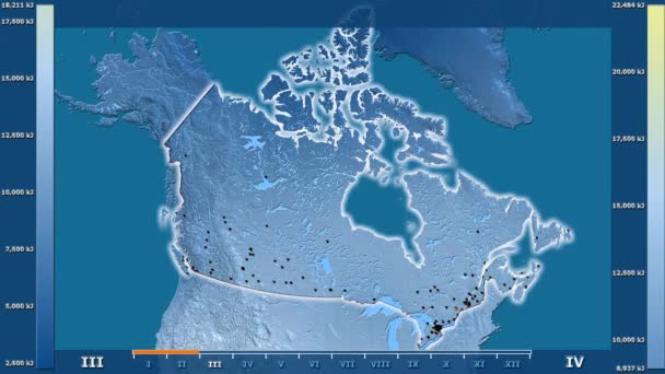 Zonnestraling Maand Het Gebied Van Canada Met Geanimeerde Legend Gloeiende — Stockvideo