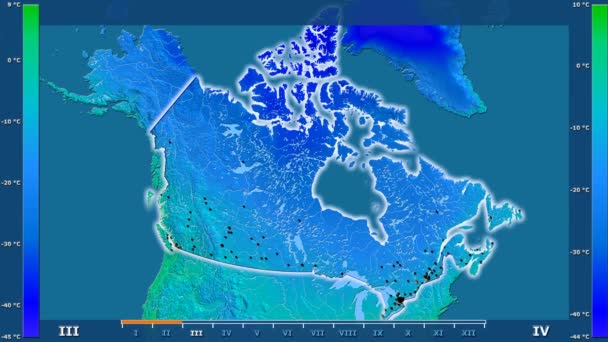 Minimum Temperatuur Maand Het Gebied Van Canada Met Geanimeerde Legend — Stockvideo