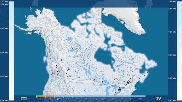 アニメーションの伝説 輝く形状 管理上のボーダー 主要都市 首都のカナダ地域の月別水蒸気圧 平射図法 — ストック動画