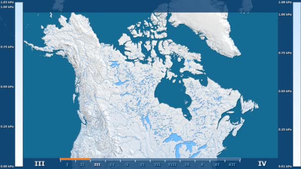 アニメーションの伝説 Raw カラー シェーダーを持つカナダ地域の月別水蒸気圧 平射図法 — ストック動画