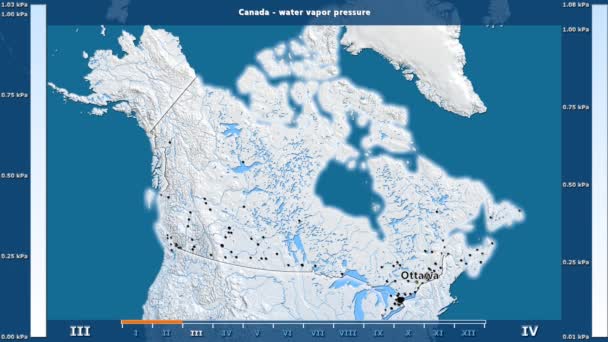 アニメーションの伝説 英語のラベルとカナダ地域の月別水蒸気圧 国と首都名は マップの説明 平射図法 — ストック動画