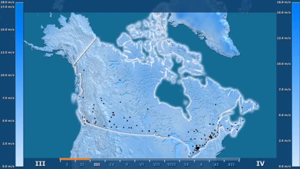 Wind Speed Month Canada Area Animated Legend Glowing Shape Administrative — Stock Video