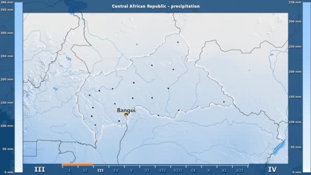 アニメーションの伝説 英語のラベルと中央アフリカ共和国地方の月別降水量 国と首都名は マップの説明 平射図法 — ストック動画