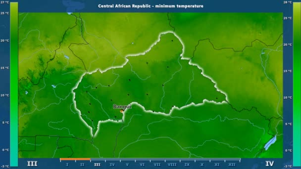 Lägsta Temperatur Månad Området Centralafrikanska Republiken Med Animerade Legend Engelska — Stockvideo