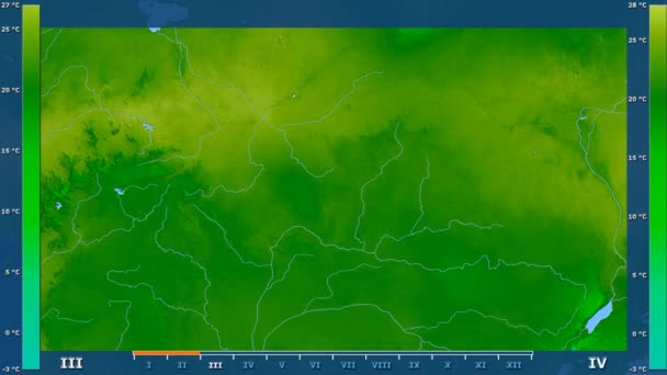 Minimalna Temperatura Przez Miesiąc Obszarze Republiki Środkowoafrykańskiej Animowanych Legenda Raw — Wideo stockowe