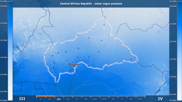 水蒸汽压力按月在中非共和国区域以生动的传奇 英国标签 国家和资本名字 地图描述 球极投影 — 图库视频影像