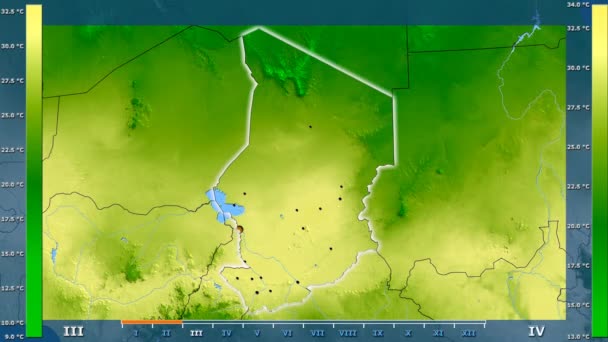 Medeltemperatur Månad Området Tchad Med Animerade Legend Glödande Form Administrativa — Stockvideo