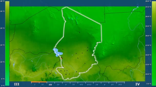 Minimum Temperatuur Maand Het Gebied Van Tsjaad Met Geanimeerde Legend — Stockvideo