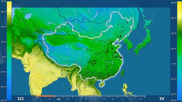 アニメーション伝説 管理上のボーダー 主要都市 首都に輝く中国地域における月別最高気温は 平射図法 — ストック動画