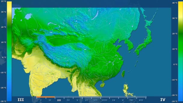 Maximální Teplota Podle Měsíce Oblasti Číny Animovanou Legendou Syrové Barevného — Stock video