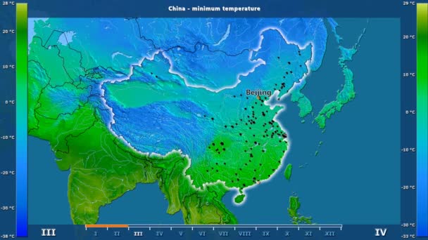 Minimum Temperature Month China Area Animated Legend English Labels Country — Stock Video