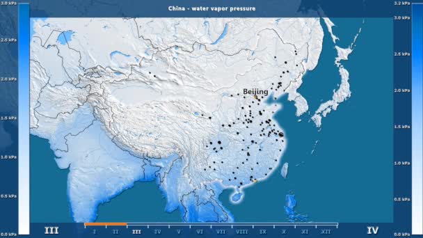 Water Vapor Pressure Month China Area Animated Legend English Labels — Stock Video