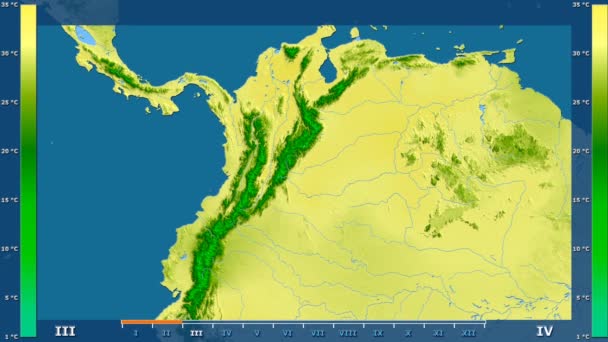 在哥伦比亚地区的最高气温以月为动画图例 原始颜色着色器 球极投影 — 图库视频影像