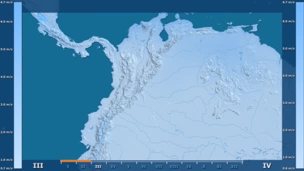 风速按月在哥伦比亚地区与动画图例 原始颜色着色器 球极投影 — 图库视频影像