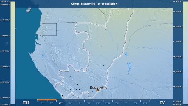 アニメーションの伝説 英語のラベルとコンゴ ブラザビル地区月別日射 国と首都名は マップの説明 平射図法 — ストック動画