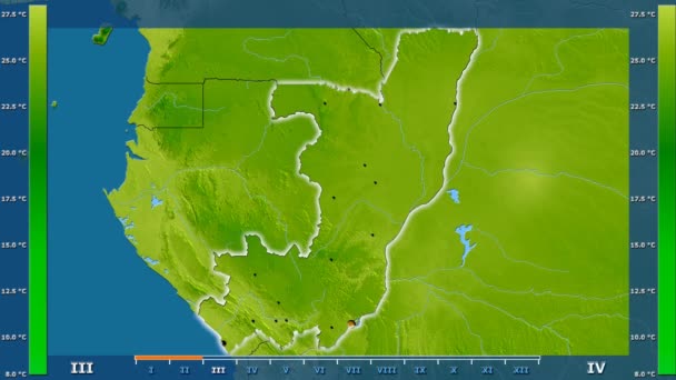 アニメーション伝説 管理上のボーダー 主要都市 首都を輝くコンゴ ブラザビル地域での月別平均気温は 平射図法 — ストック動画