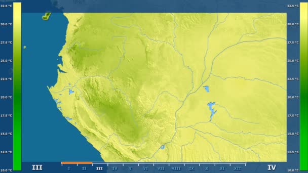 最高气温在刚果布拉柴维尔地区与动画图例 原始颜色着色器 球极投影 — 图库视频影像