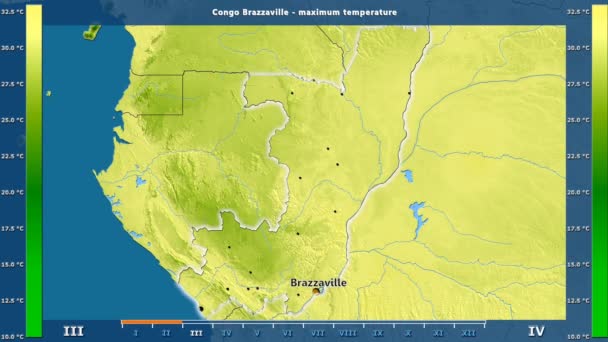 アニメーションの伝説 英語のラベルとコンゴ ブラザビル地区月別最高気温 国と首都名は マップの説明 平射図法 — ストック動画