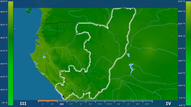 Lägsta Temperatur Månad Området Kongo Brazzaville Med Animerade Legend Glödande — Stockvideo