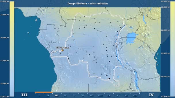 太阳辐射按月在刚果金沙萨地区与动画传奇 英国标签 国家和资本名字 地图描述 球极投影 — 图库视频影像
