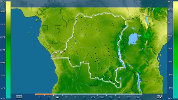 平均气温按月在刚果金沙萨地区以动画传奇发光的形状 行政边界 主要城市 球极投影 — 图库视频影像