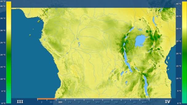 アニメーションの伝説 Raw カラー シェーダーを持つコンゴ キンシャサ地区月別最高気温は 平射図法 — ストック動画