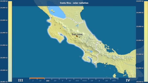 Sonneneinstrahlung Pro Monat Der Region Costa Rica Mit Animierter Legende — Stockvideo