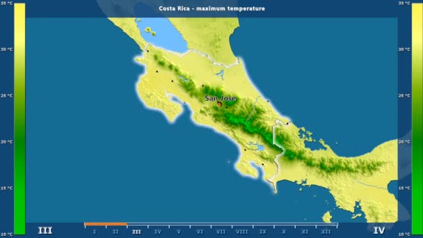 アニメーションの伝説 英語のラベルとコスタリカ地区月別最高気温 国と首都名は マップの説明 平射図法 — ストック動画