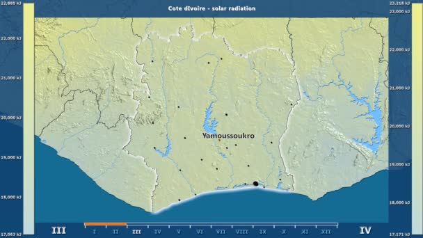 Napsugárzás Által Hónap Cote Divoire Területen Animált Legenda Angol Felirat — Stock videók