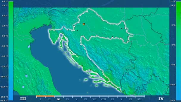 Minimalna Temperatura Przez Miesiąc Obszarze Chorwacji Legendą Animowane Świecące Kształt — Wideo stockowe