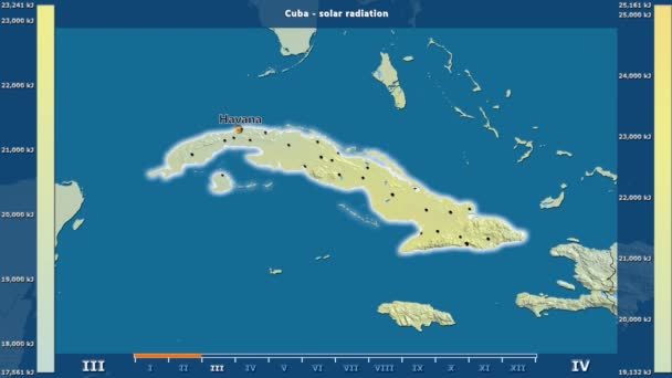 Radiazioni Solari Mese Nell Area Cuba Con Leggende Animate Etichette — Video Stock