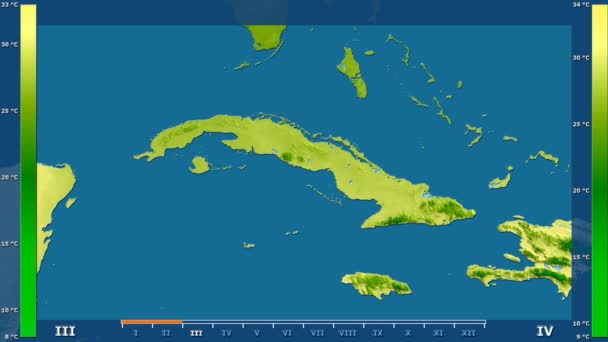 Maximale Temperatuur Maand Het Gebied Van Cuba Met Geanimeerde Legend — Stockvideo