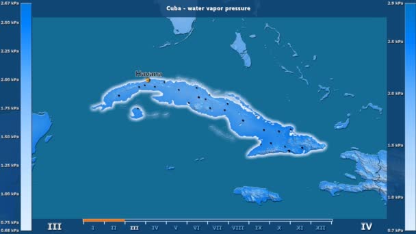 Water Vapor Pressure Month Cuba Area Animated Legend English Labels — Stock Video