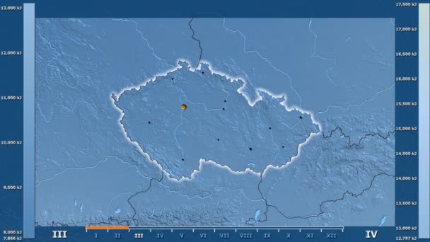 Солнечная Радиация Месяцам Чешской Республике Анимированной Легендой Светящиеся Формы Административные — стоковое видео