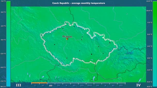アニメーションの伝説 英語のラベルとチェコ共和国地区月別平均気温 国と首都名は マップの説明 平射図法 — ストック動画
