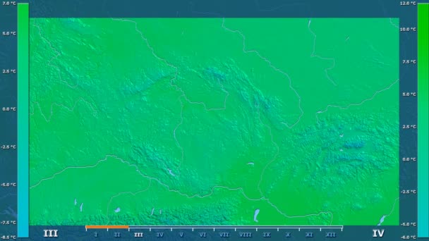 捷克共和国地区的平均气温按月份显示动画图例 原始颜色着色器 球极投影 — 图库视频影像