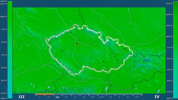 アニメーションの伝説 管理上のボーダー 主要都市 首都の光るチェコ共和国地域における月別最高気温は 平射図法 — ストック動画