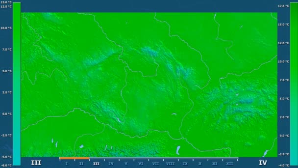 捷克共和国地区的最高气温为月份 动画图例 原始颜色着色器 球极投影 — 图库视频影像