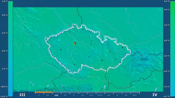 Mindesttemperatur Pro Monat Gebiet Der Tschechischen Republik Mit Animierter Legende — Stockvideo