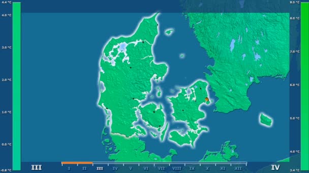 平均温度按月在丹麦区域以动画传奇发光的形状 行政边界 主要城市 球极投影 — 图库视频影像