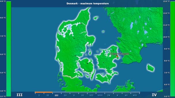 アニメーションの伝説 英語のラベルを持つデンマーク地区月別最高気温 国と首都名は マップの説明 平射図法 — ストック動画