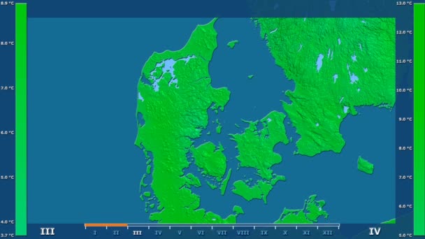 Maximal Temperatur Månad Danmark Med Animerade Legend Raw Färg Shader — Stockvideo